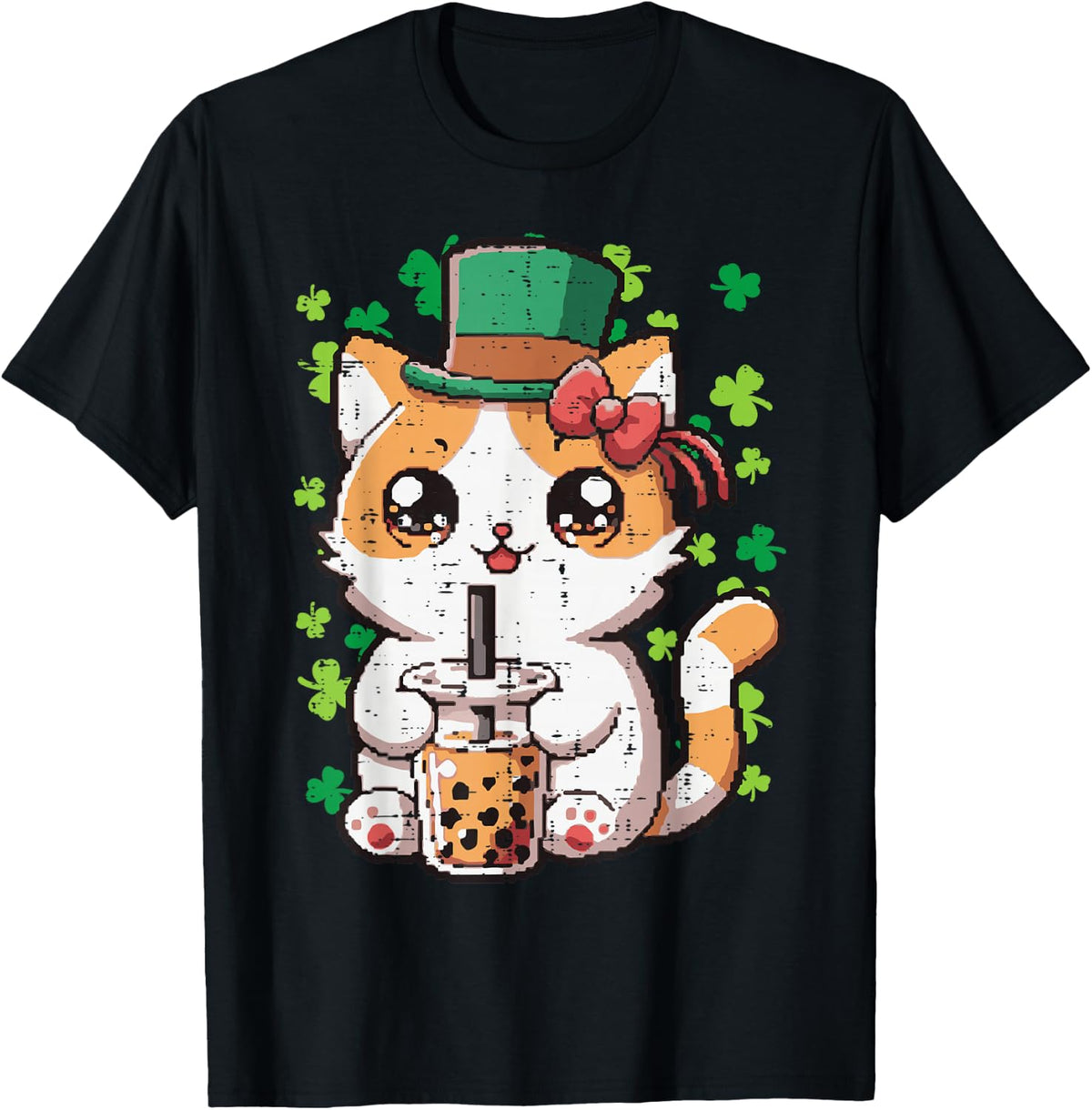 St Patricks Day Cat Boba Tea Irish Kawaii Japanese Women Kid T-Shirt - Black