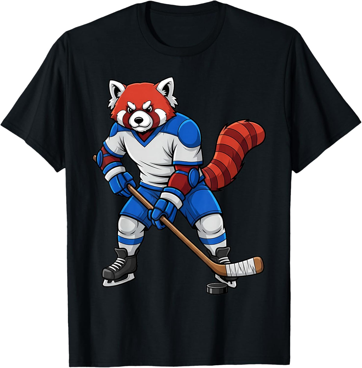 Ice Hockey Red Panda Sports Player Animal T-Shirt - Black