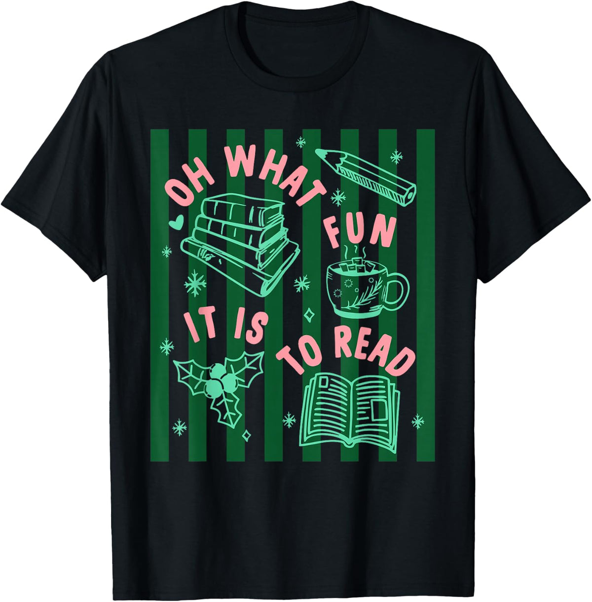 Stripe Oh What Fun It is to Read Reading Teacher Christmas T-Shirt - Black