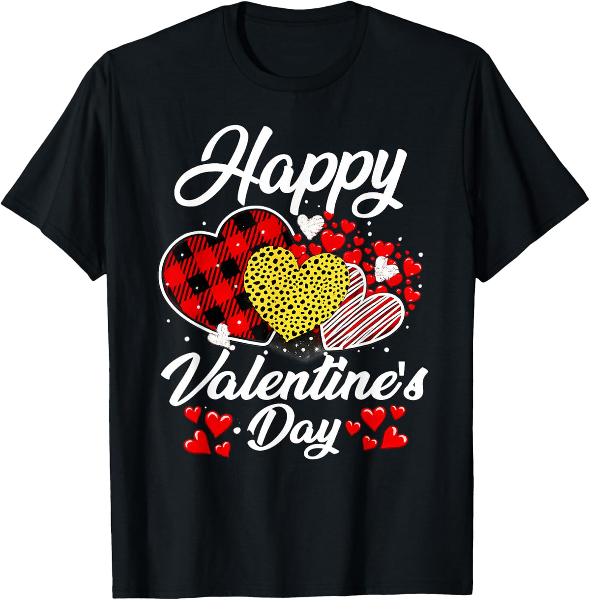 Happy Valentine's Day Hearts with Leopard Plaid Valentine T-Shirt - Black