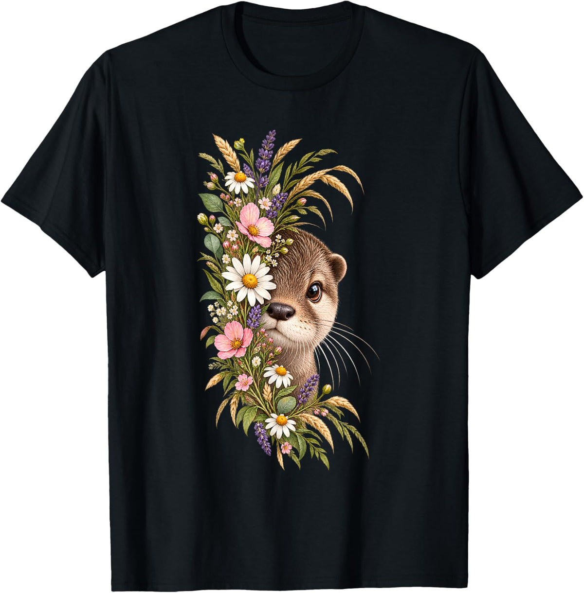 Cute Otter Lover Wildflower Wildlife Animal T-Shirt - Black