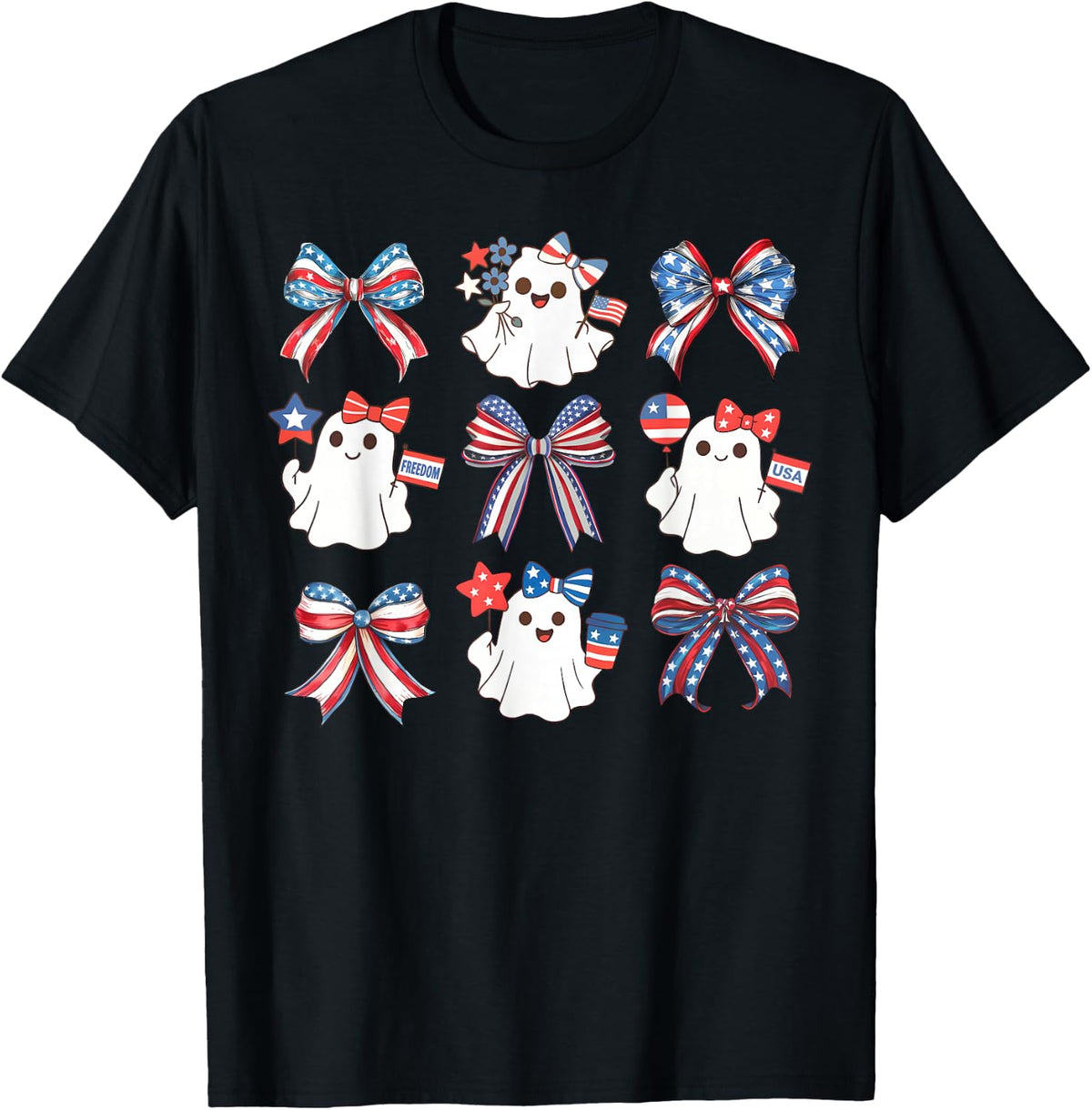Coquette Bow Cute Ghost Spooky 4th of July Patriotic Us Flag T-Shirt - Black