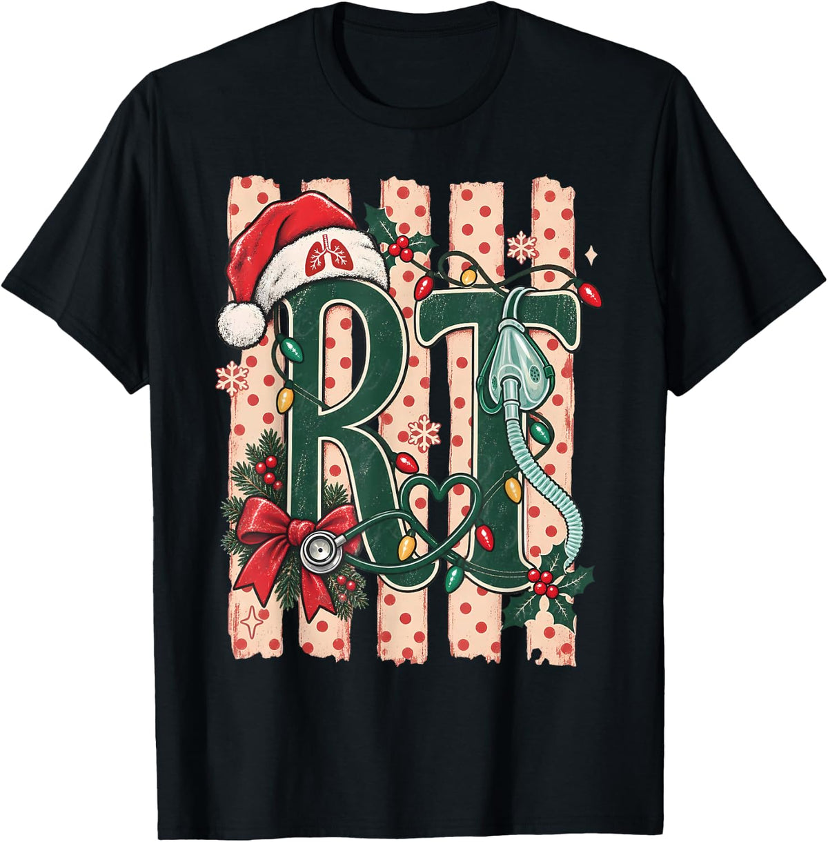 Stripes Respiratory Therapist Christmas Lung Squad Pulmonary T-Shirt - Black
