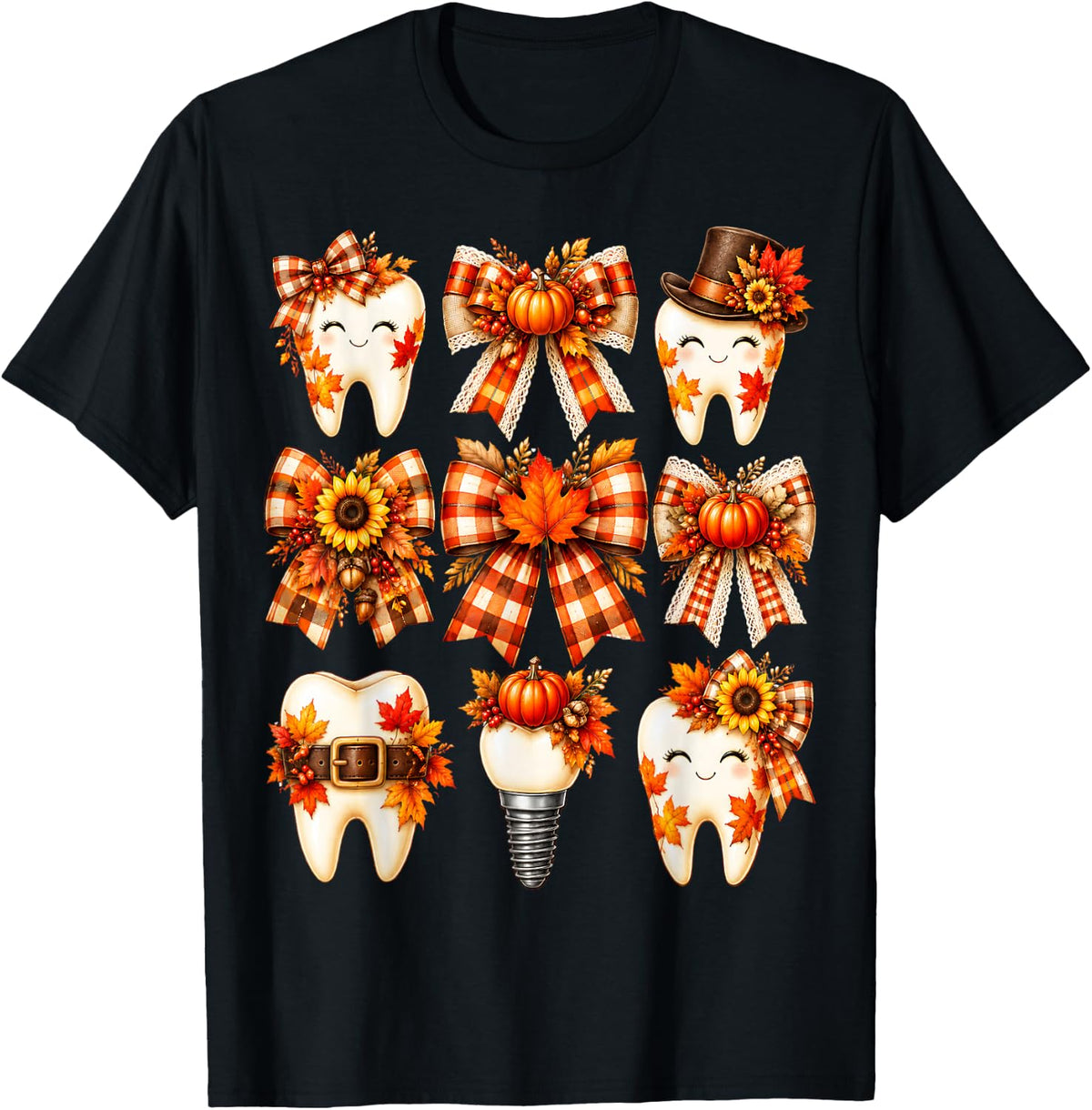 Dental Hygienist Teeth Bows Pumpkin Thanksgiving Fall T-Shirt - Black