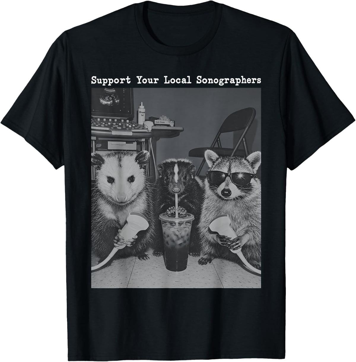 Sonographer Raccoon Ultrasound Tech Possum Technologist T-Shirt - Black