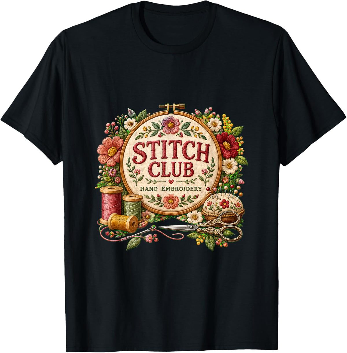 Stitch Club Floral Embroidery Hoop Needlework Design T-Shirt - Black