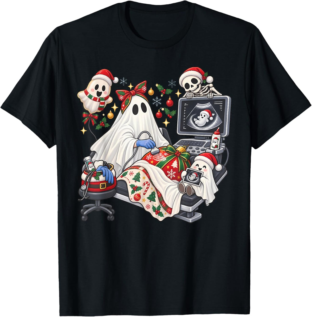 Xmas Sonographer Ultrasound Tech Christmas Technologist T-Shirt - Black