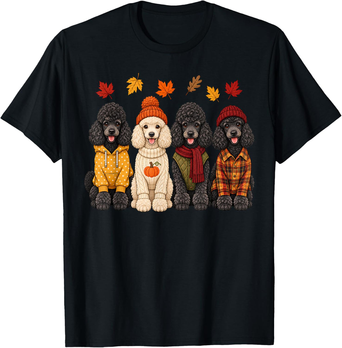 Poodle Fall Autumn Season Pumpkin Thanksgiving Dog Lineup T-Shirt - Black