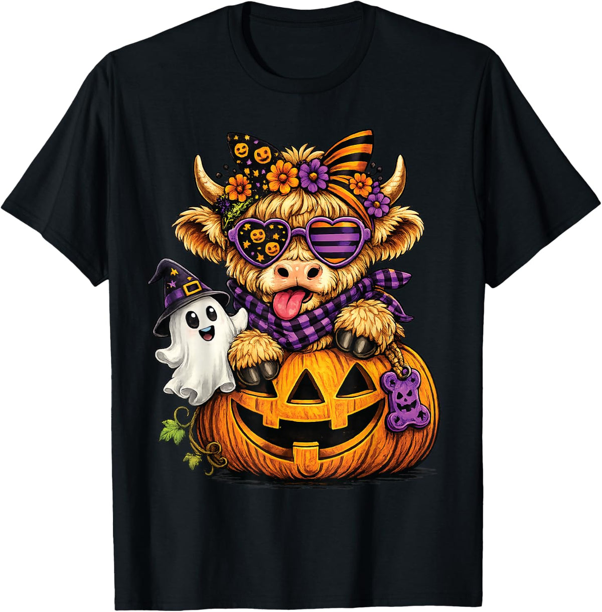 Retro Halloween Highland Cow Pumpkin Fall Cow Thanksgiving T-Shirt - Black