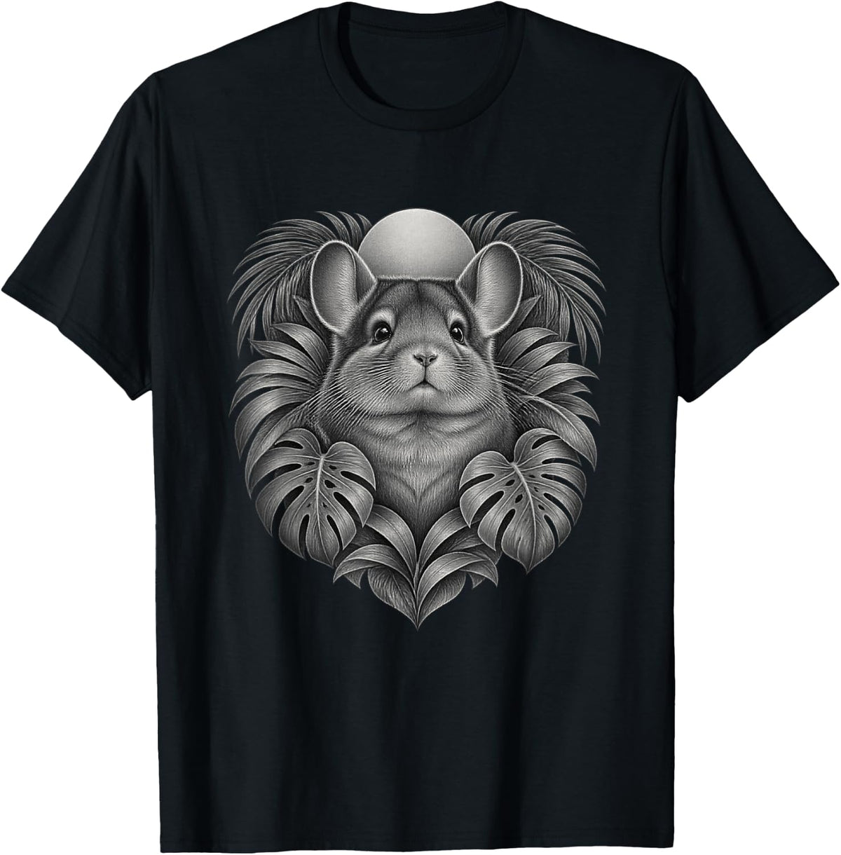Chinchilla with Monochrome Tropical Leaves and Pale Disc T-Shirt - Black
