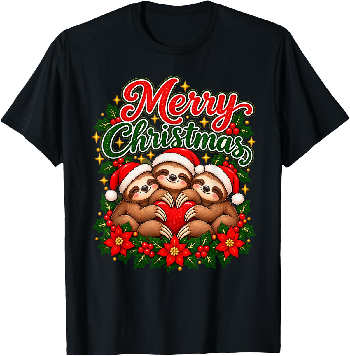 Merry Christmas Sloth Joyful Holiday Heart Men Women T-Shirt - Black