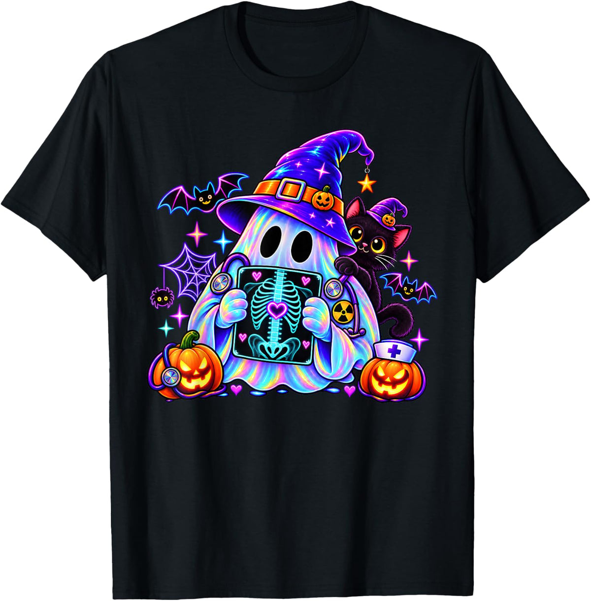 Radiology Ghost Halloween Xray Tech Radiologist Black Cat T-Shirt - Black