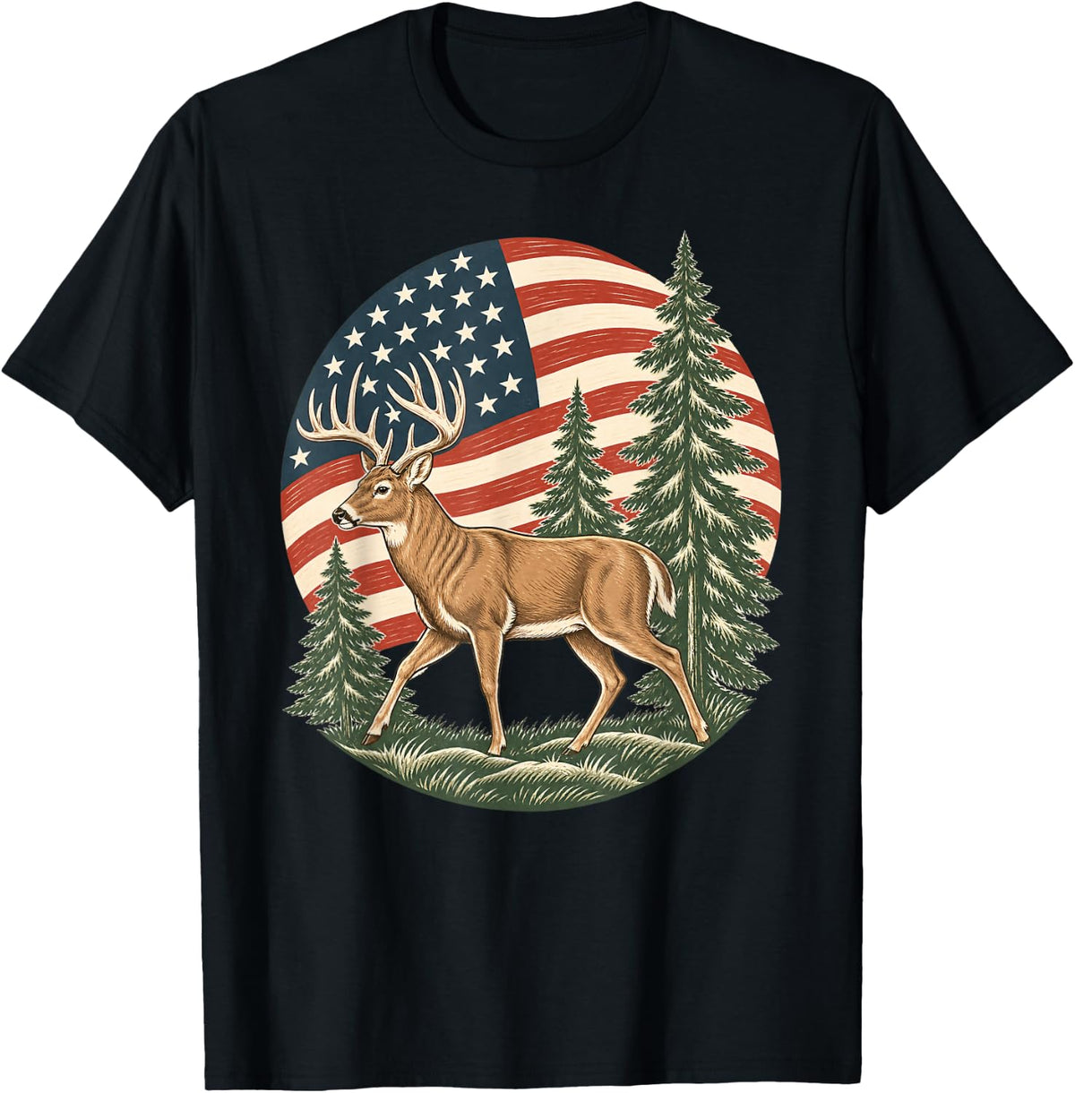 American Flag Buck Deer Hunting Pine Forest T-Shirt - Black