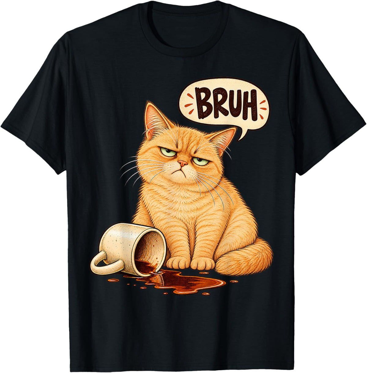 Sleepy Ginger Cat Spilled Coffee Funny Animal Art T-Shirt - Black