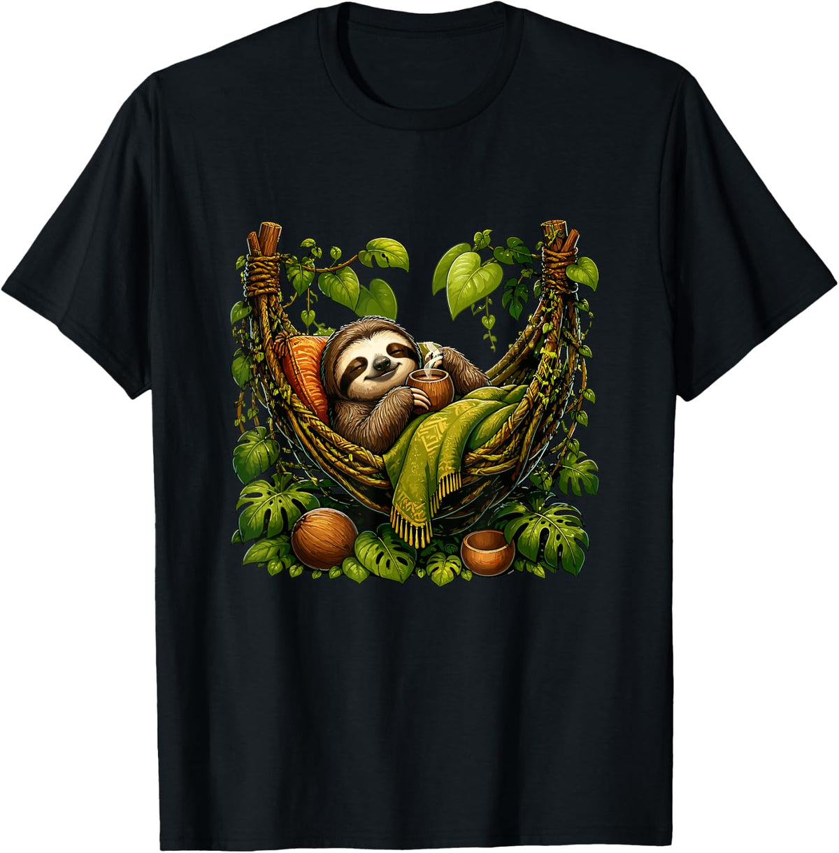 Lazy Sloth Coffee Break in Jungle Hammock T-Shirt - Black