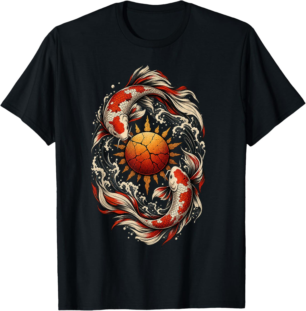 Koi Fish Golden Sun Ocean Waves Vintage Japanese Style Art T-Shirt - Black