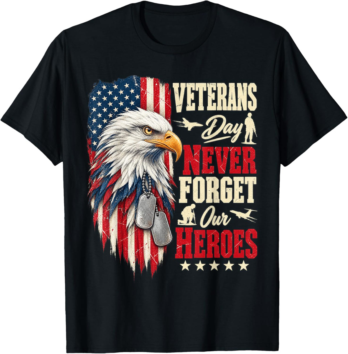 Veterans Day Never Forget Our Heroes Bald Eagle USA Flag T-Shirt - Black