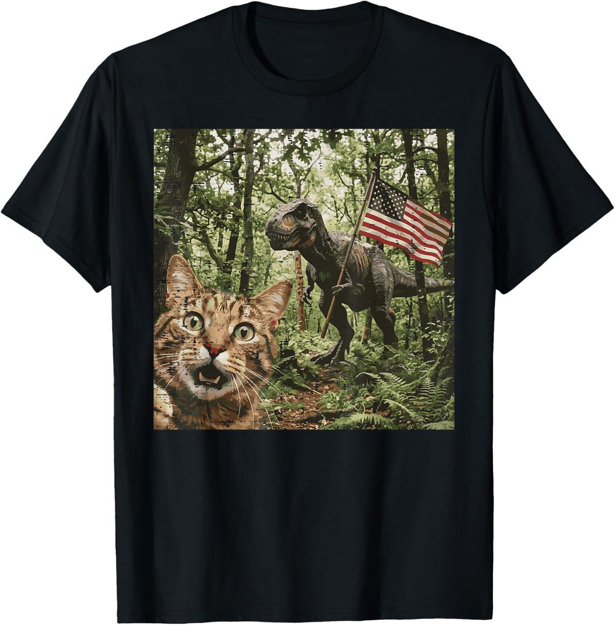 Cat Dino Trex Selfie US Flag Funny 4th of July Men Women Kid T-Shirt - Black