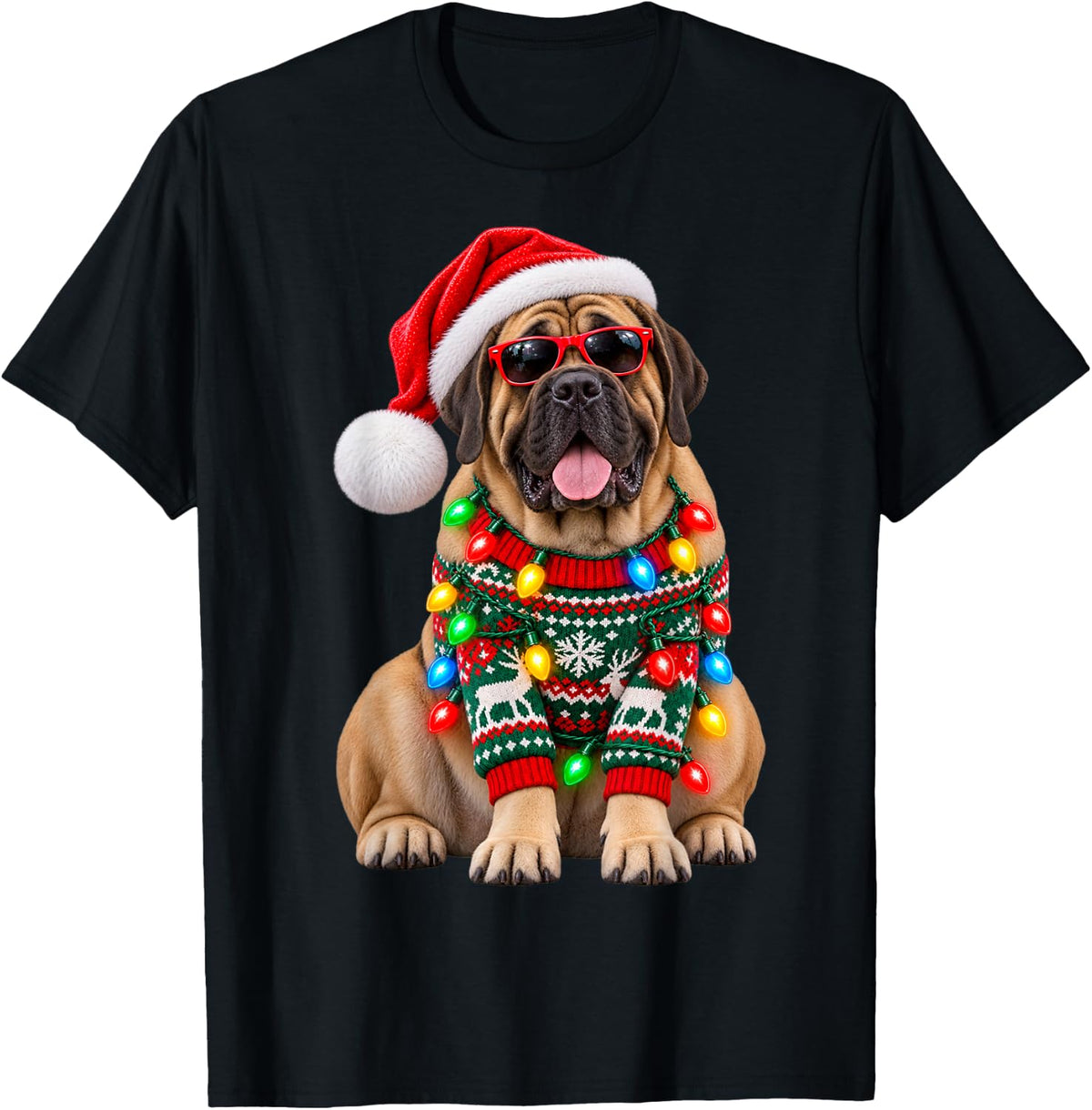 Mastiff Christmas Lights Santa Hat Sunglasses T-Shirt - Black