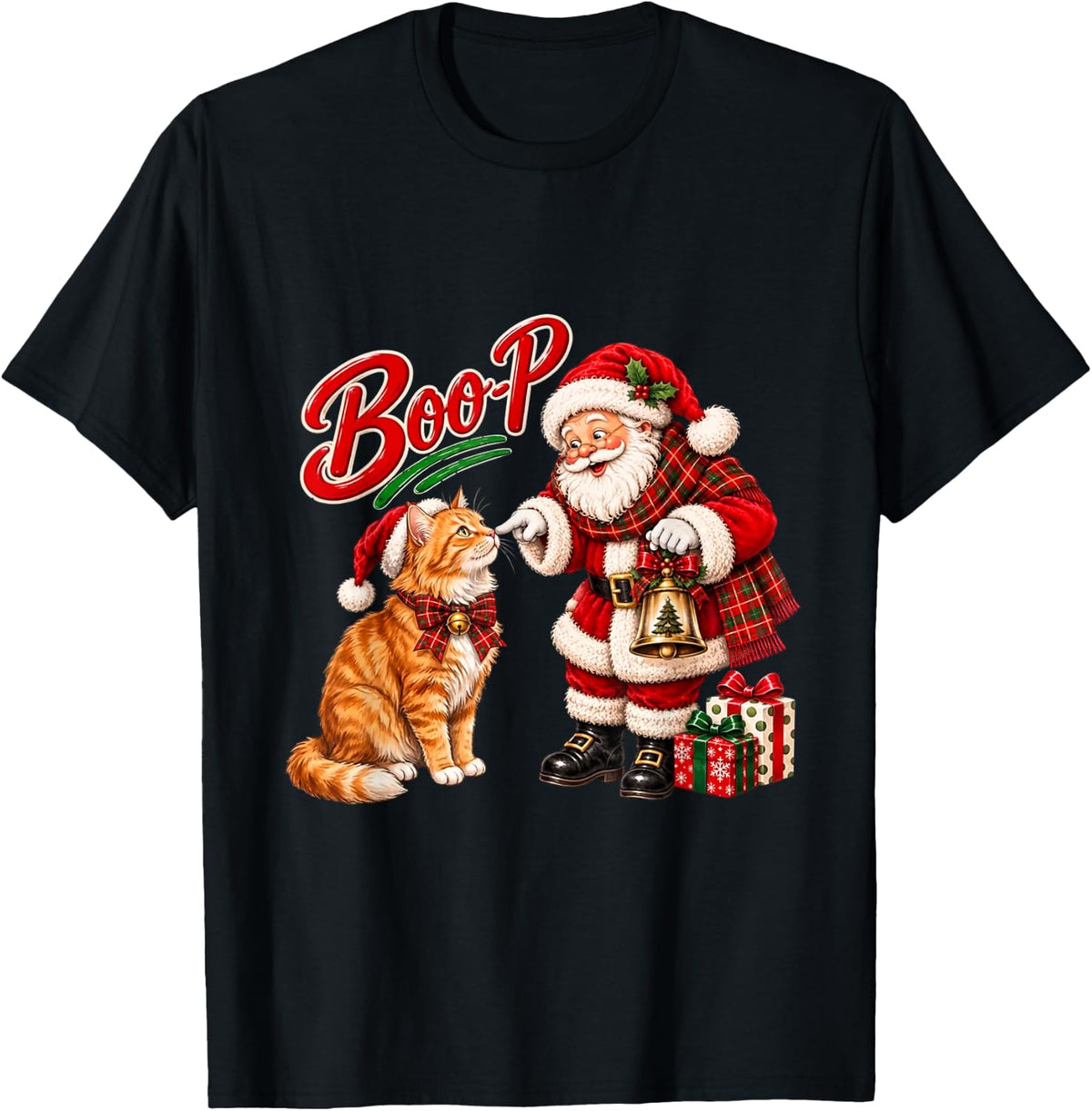 Funny Santa Booping Orange Tabby Cat Christmas Kitty T-Shirt - Black