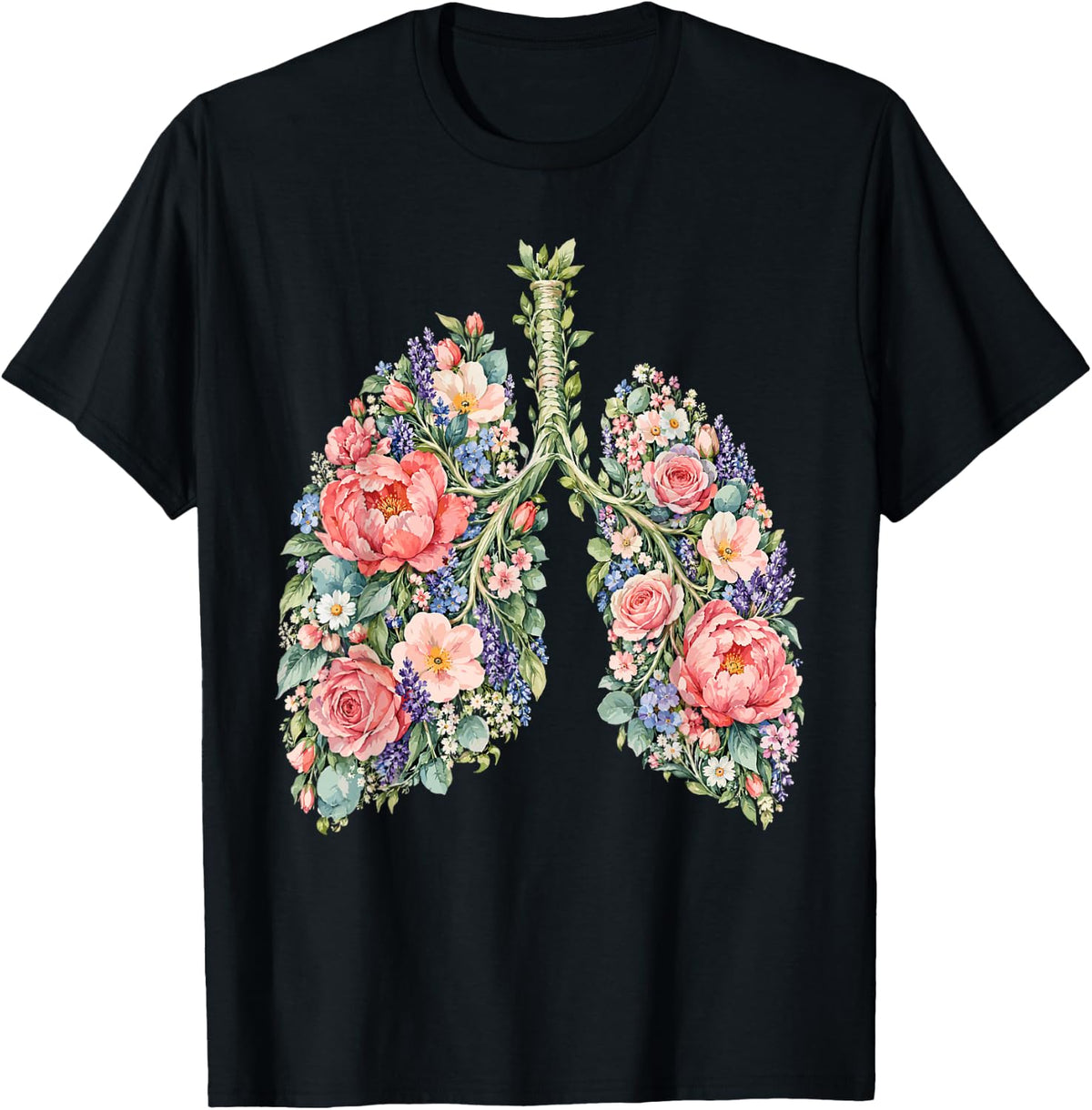Watercolor Floral Lungs - Respiratory Therapist T-Shirt - Black