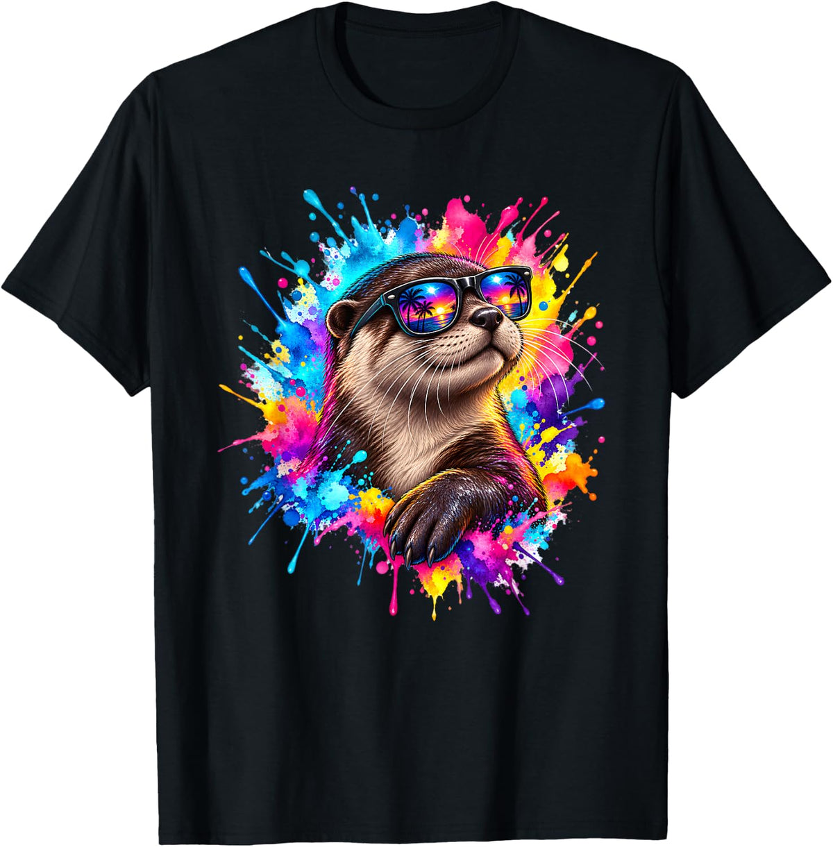Colorful Otter Splash Art Sunglasses Wildlife T-Shirt - Black