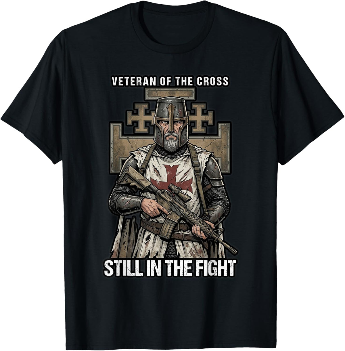 Gray Bearded Crusader Veteran Rifle Catholic T-Shirt - Black