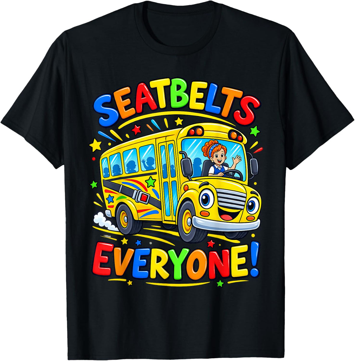 Seatbelts Everyone! Cartoon School Bus T-Shirt - Black