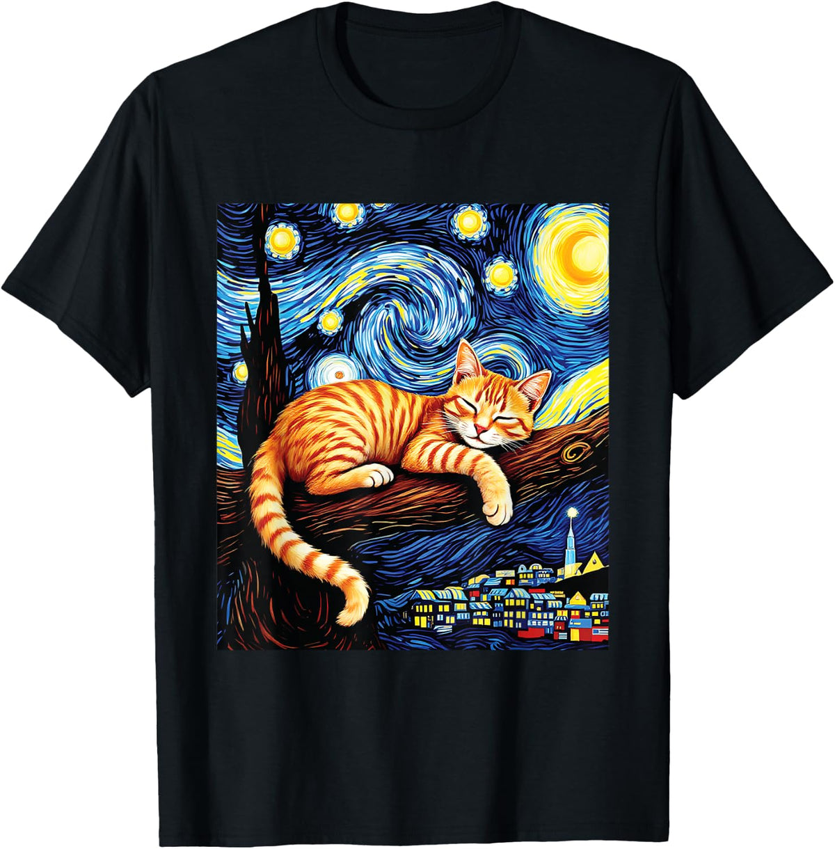 Dreamy Ginger Cat Tree Branch Sleeping Van Gogh Starry Night T-Shirt - Black