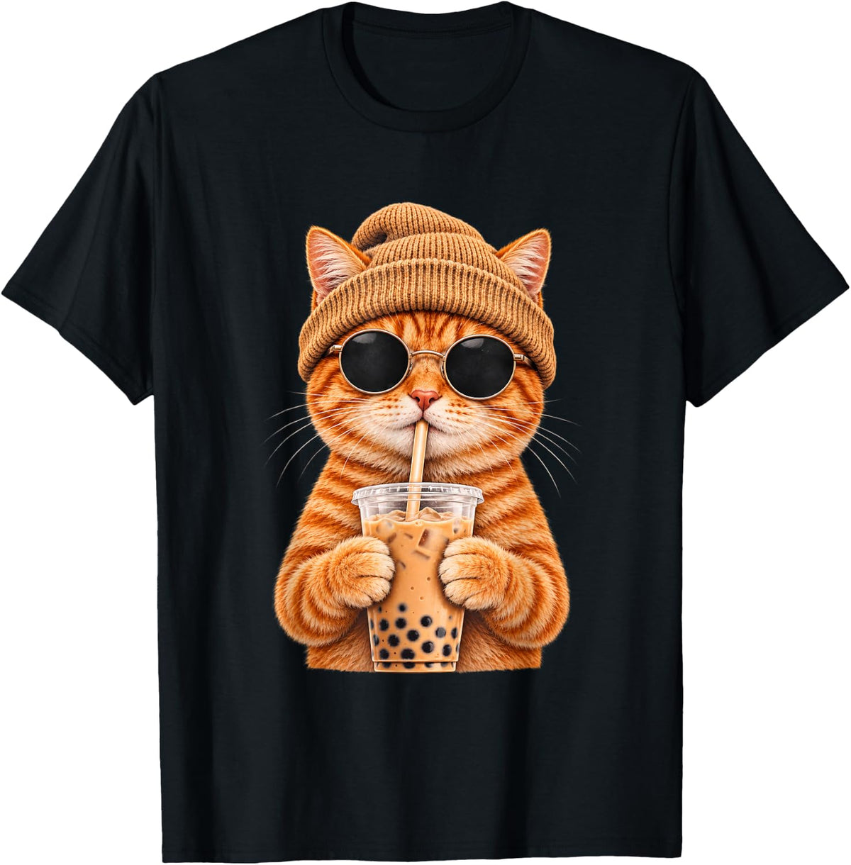 Funny Orange Tabby Cat Drinking Iced Coffee with Sunglasses T-Shirt - Black