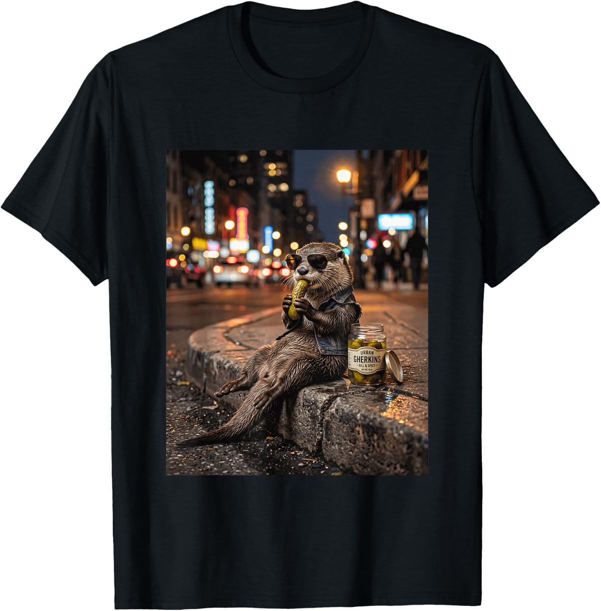 Funny Otter Eating Pickles Meme Men Women T-Shirt - Black