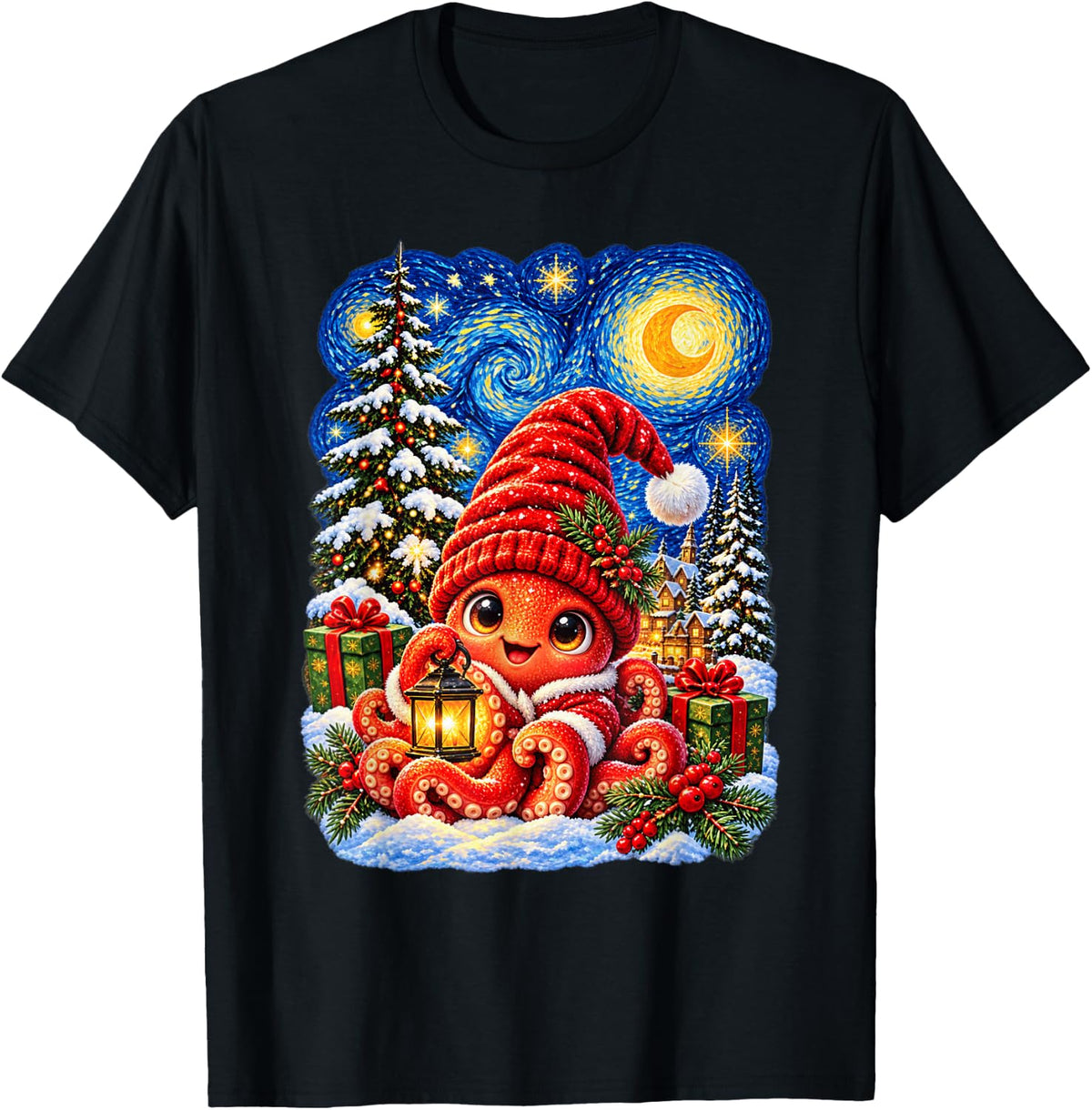 Christmas Octopus Van Gogh Starry Sky for Men Women T-Shirt - Black