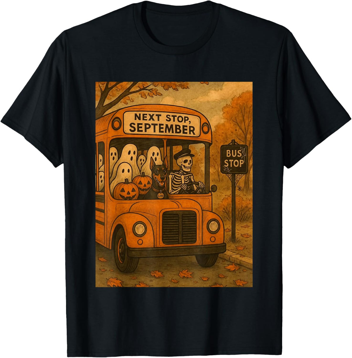 Next Stop September Halloween School Bus Ghosts Skeleton T-Shirt - Black