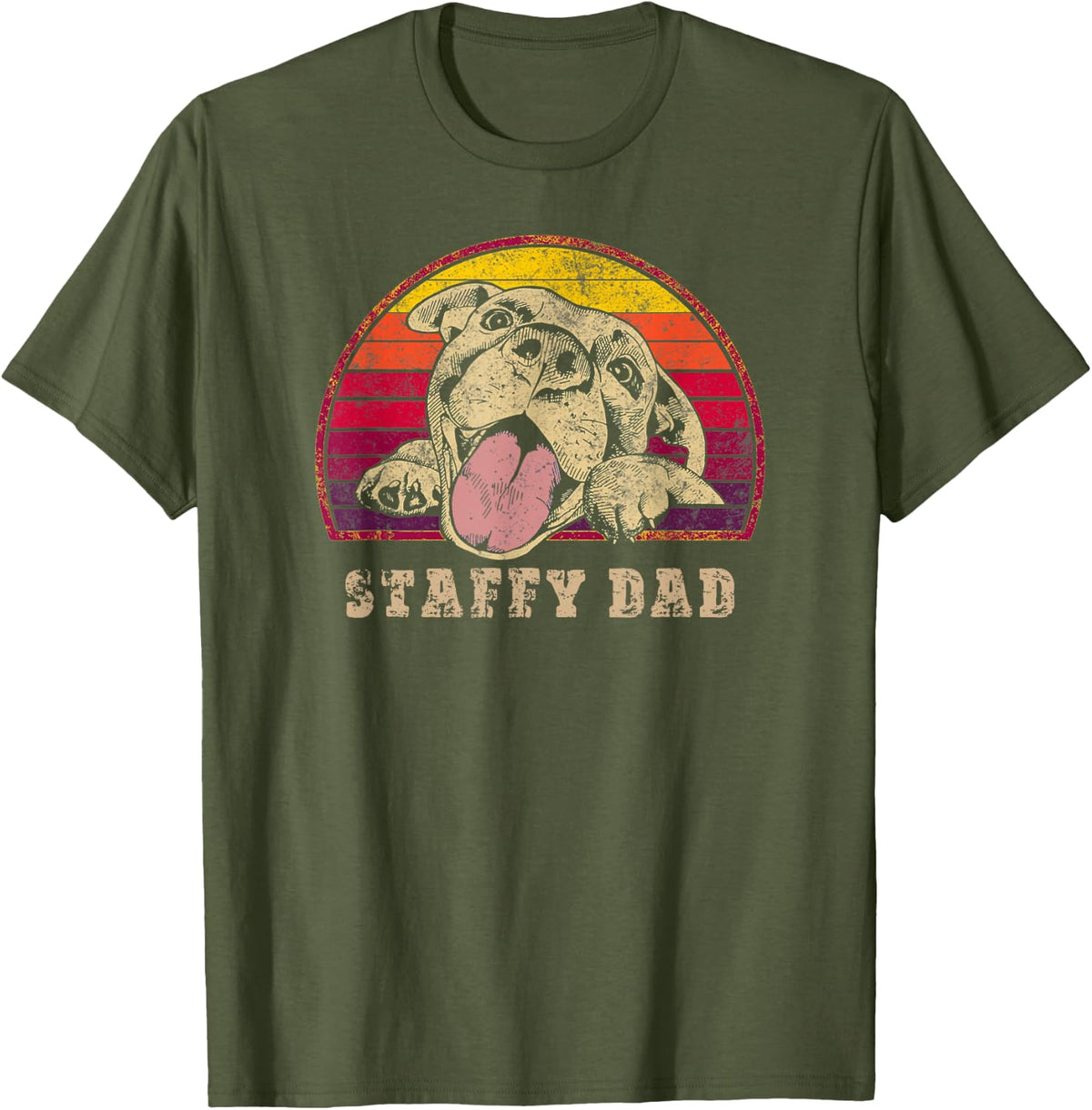 Staffy Dad Smiling Retro Staffordshire Terrier Tee Dog Dad T-Shirt For Men - Olive Green
