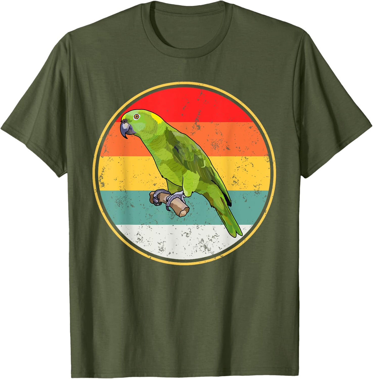 Vintage Retro Sunset Green Parrot Bird T-Shirt - Olive Green