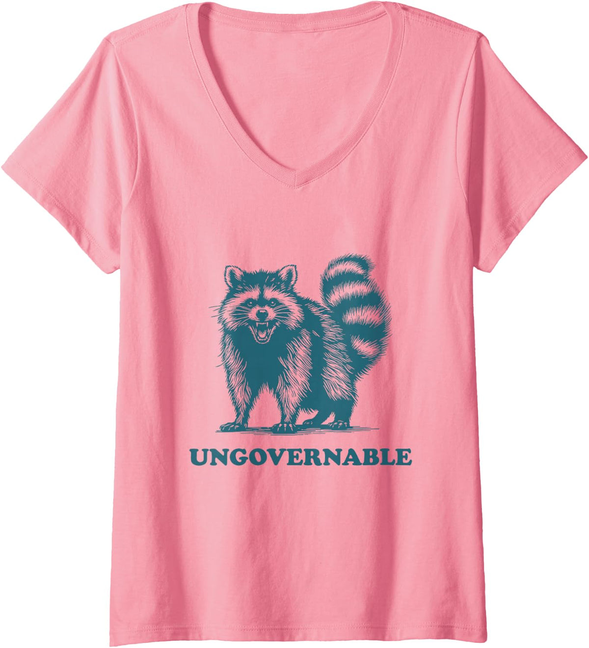 Women's Ungovernable Funny Racoon Meme Vintage Angry Raccoon V-Neck T-Shirt - Pink