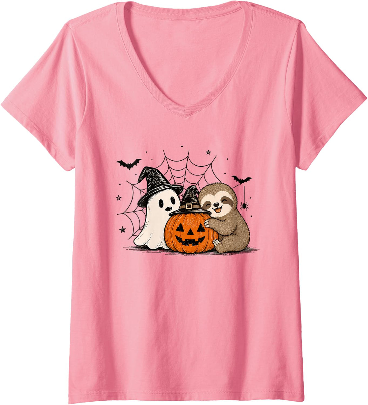 Women's Sloth Halloween Ghost Pumpkin Cute Spooky Costume V-Neck T-Shirt - Pink