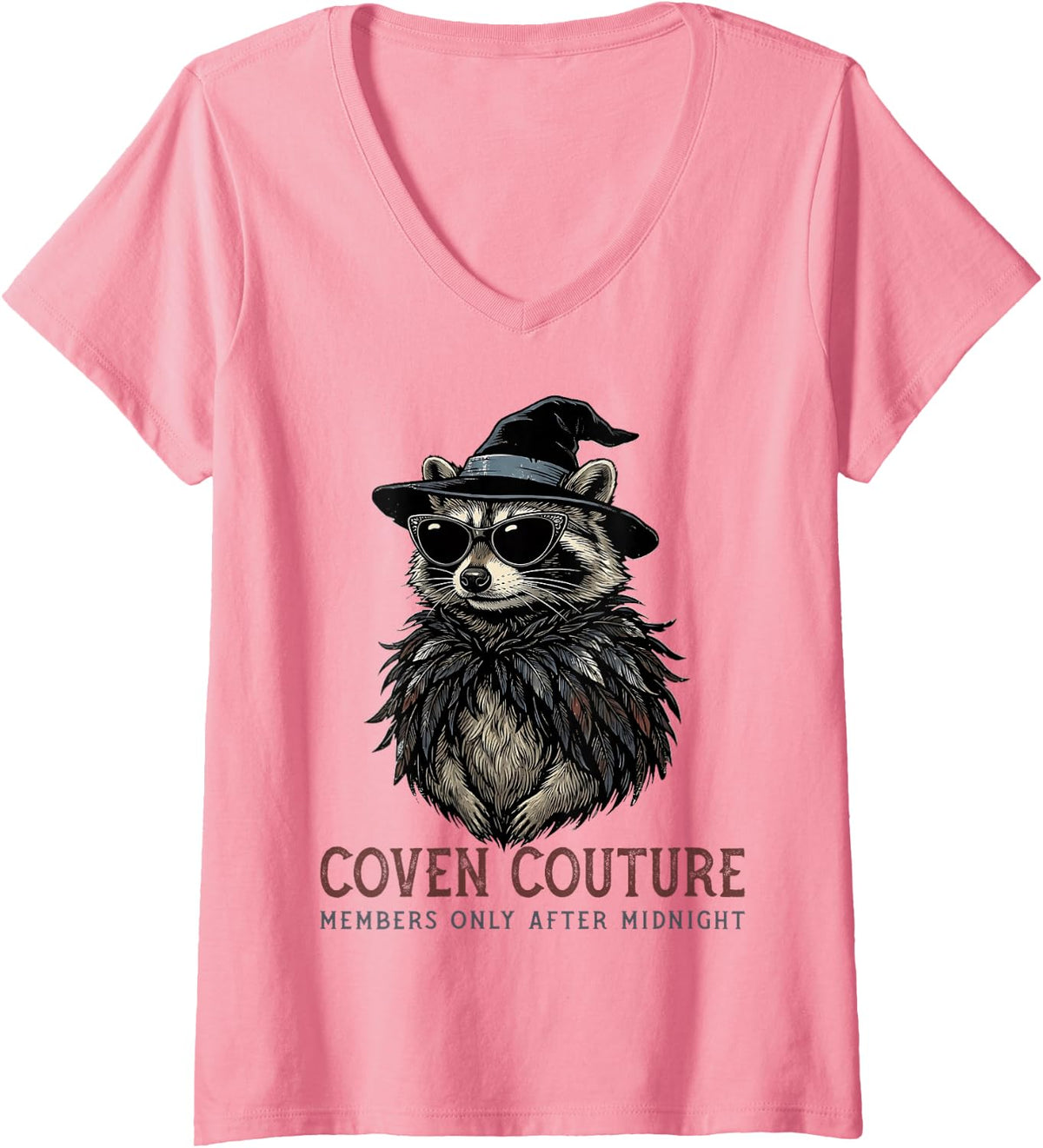 Women's Raccoon Trash Panda Witch Hat Sunglasses Feather Shawl V-Neck T-Shirt - Pink