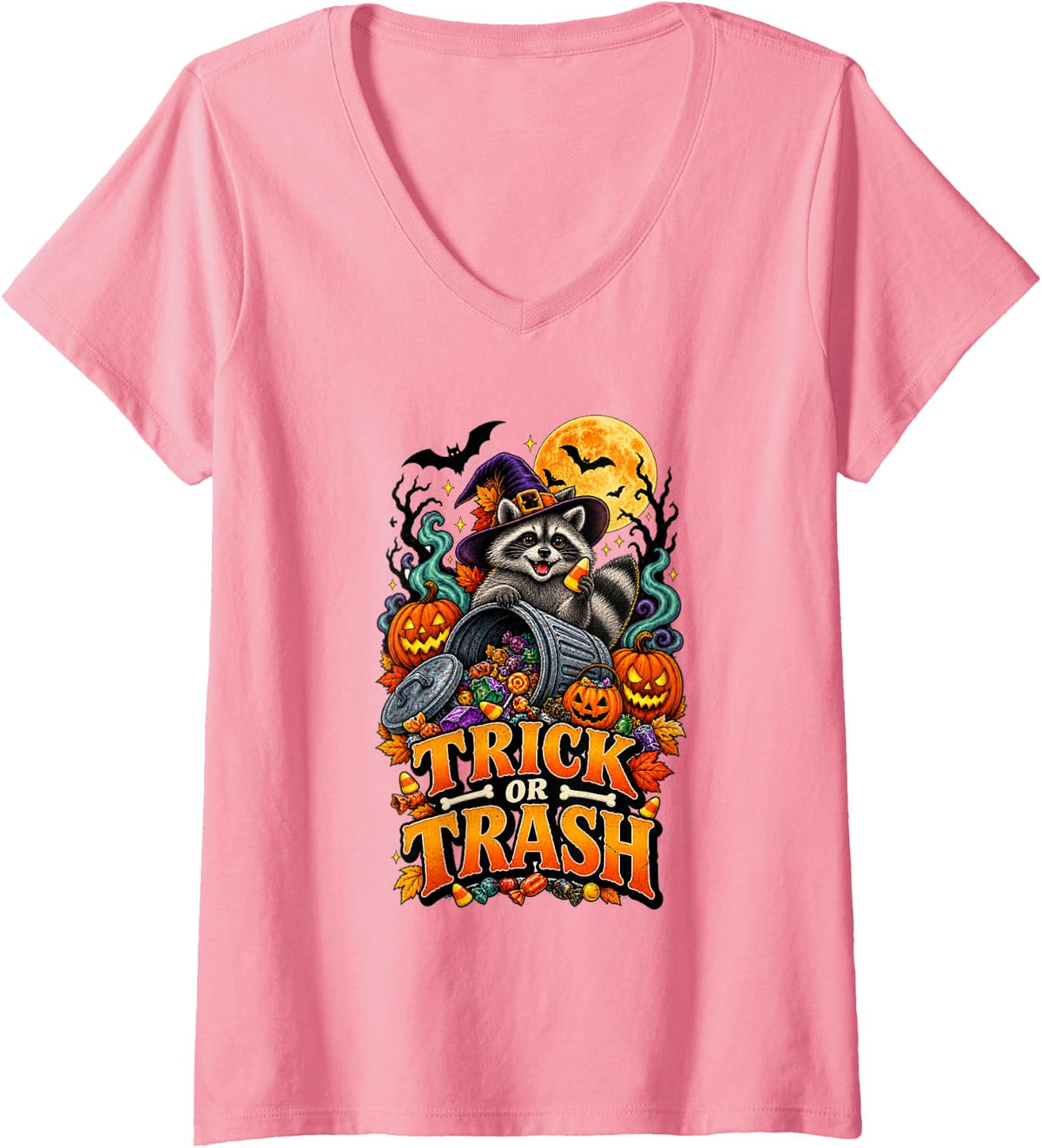 Women's Trick or Trash Funny Raccoon Halloween Witch V-Neck T-Shirt - Pink