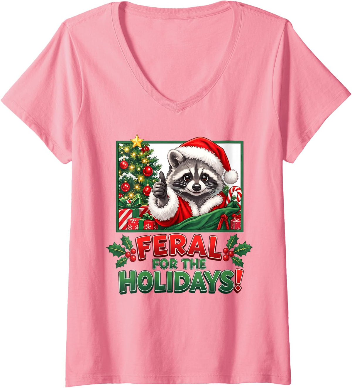 Women's Feral for The Holidays Funny Christmas Raccoon Santa Hat V-Neck T-Shirt - Pink