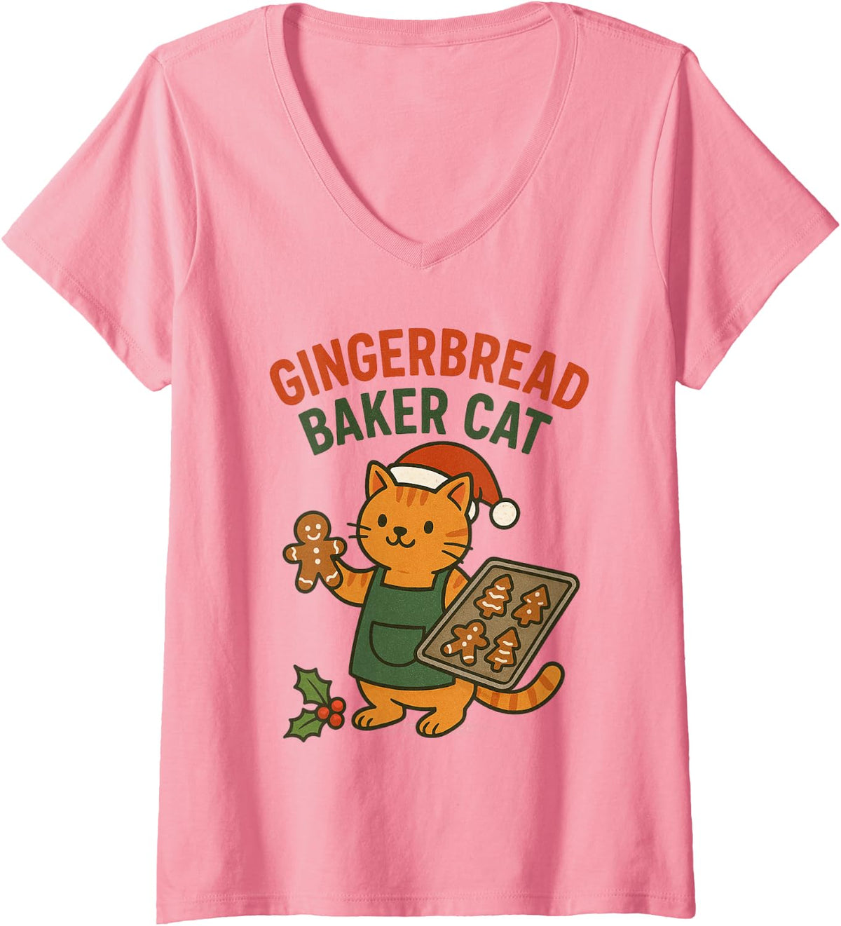 Womens Gingerbread Baker Cat Christmas Cookie Lover V-Neck T-Shirt - Pink