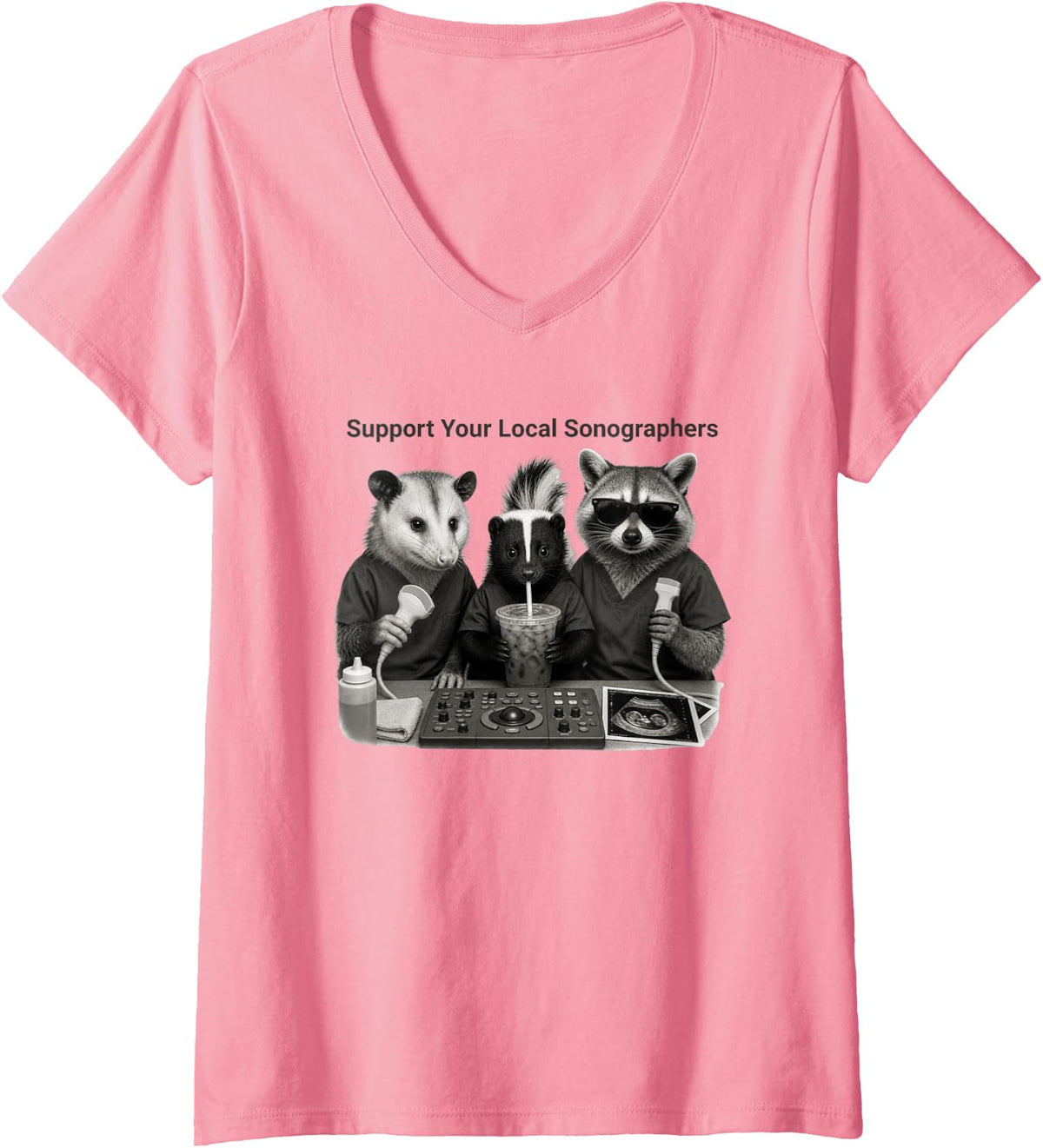 Women's Support Your Local Sonographers Raccoon Ultrasound Tech V-Neck T-Shirt - Pink