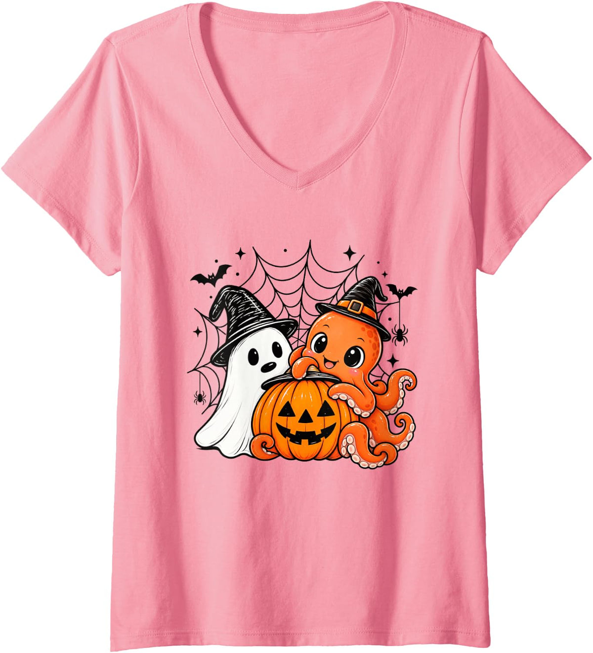 Women's Octopus Halloween Ghost Pumpkin Cute Spooky Costume V-Neck T-Shirt - Pink