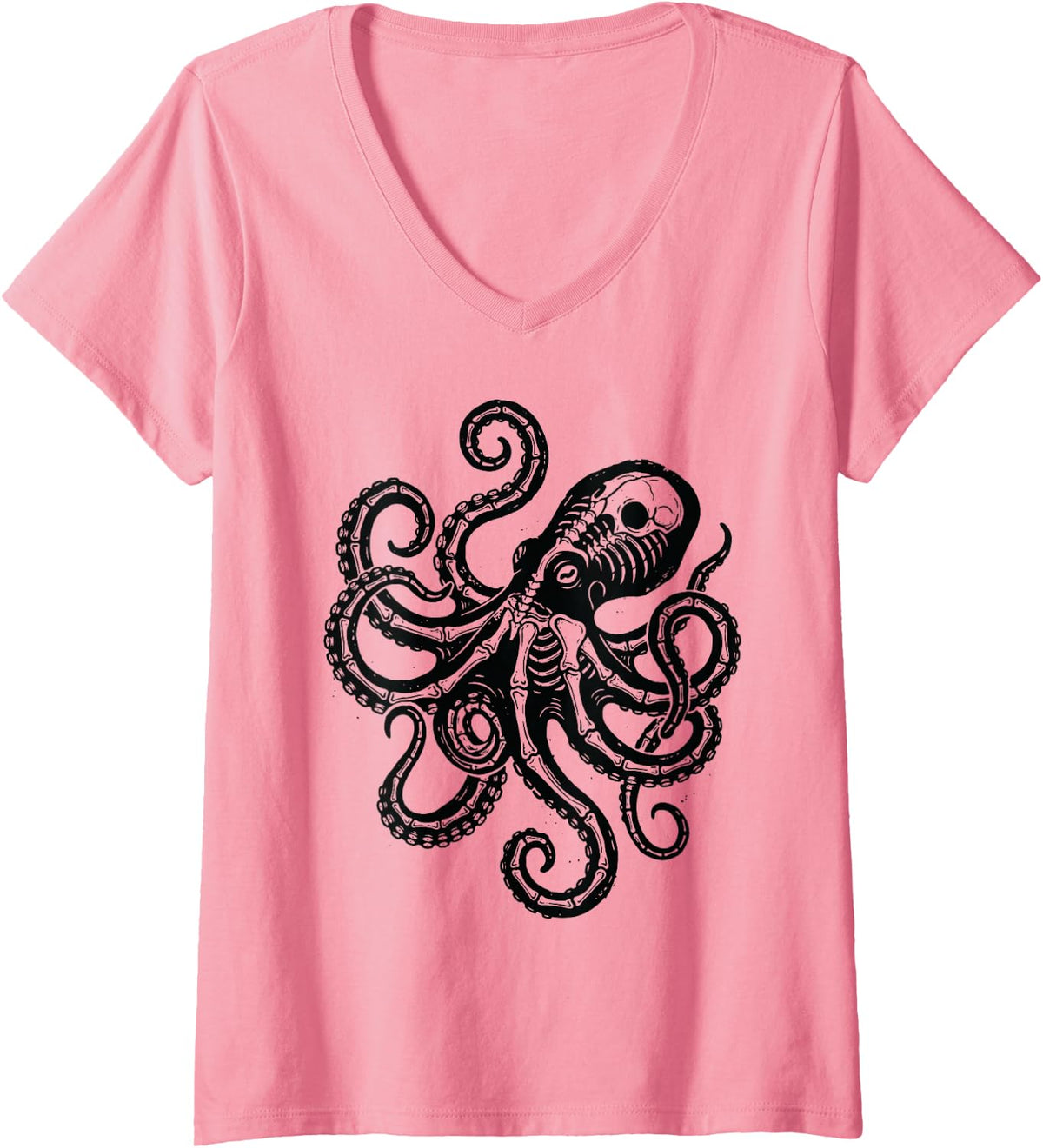 Women's Octopus Skeleton Animal X-Ray Funny Kraken V-Neck T-Shirt - Pink