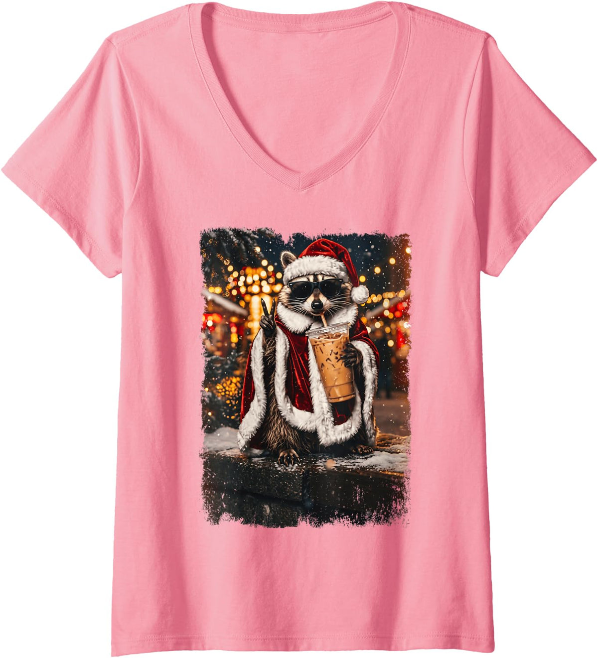 Women's Cool Christmas Santa Raccoon Sunglasses Iced Coffee Lover V-Neck T-Shirt - Pink