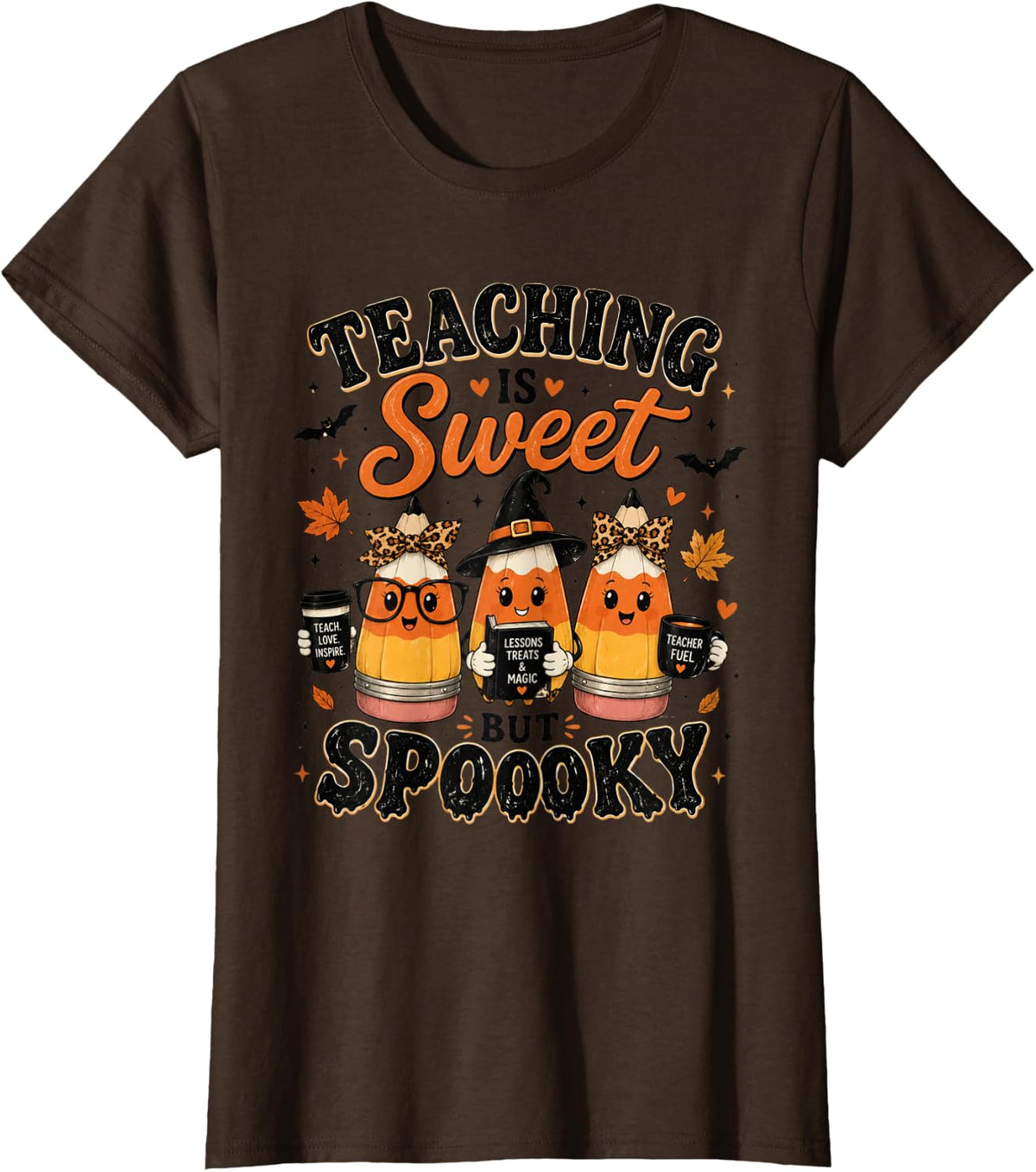 Teaching is Sweet Spooky Teacher Halloween Candy Corn T-Shirt - Brown