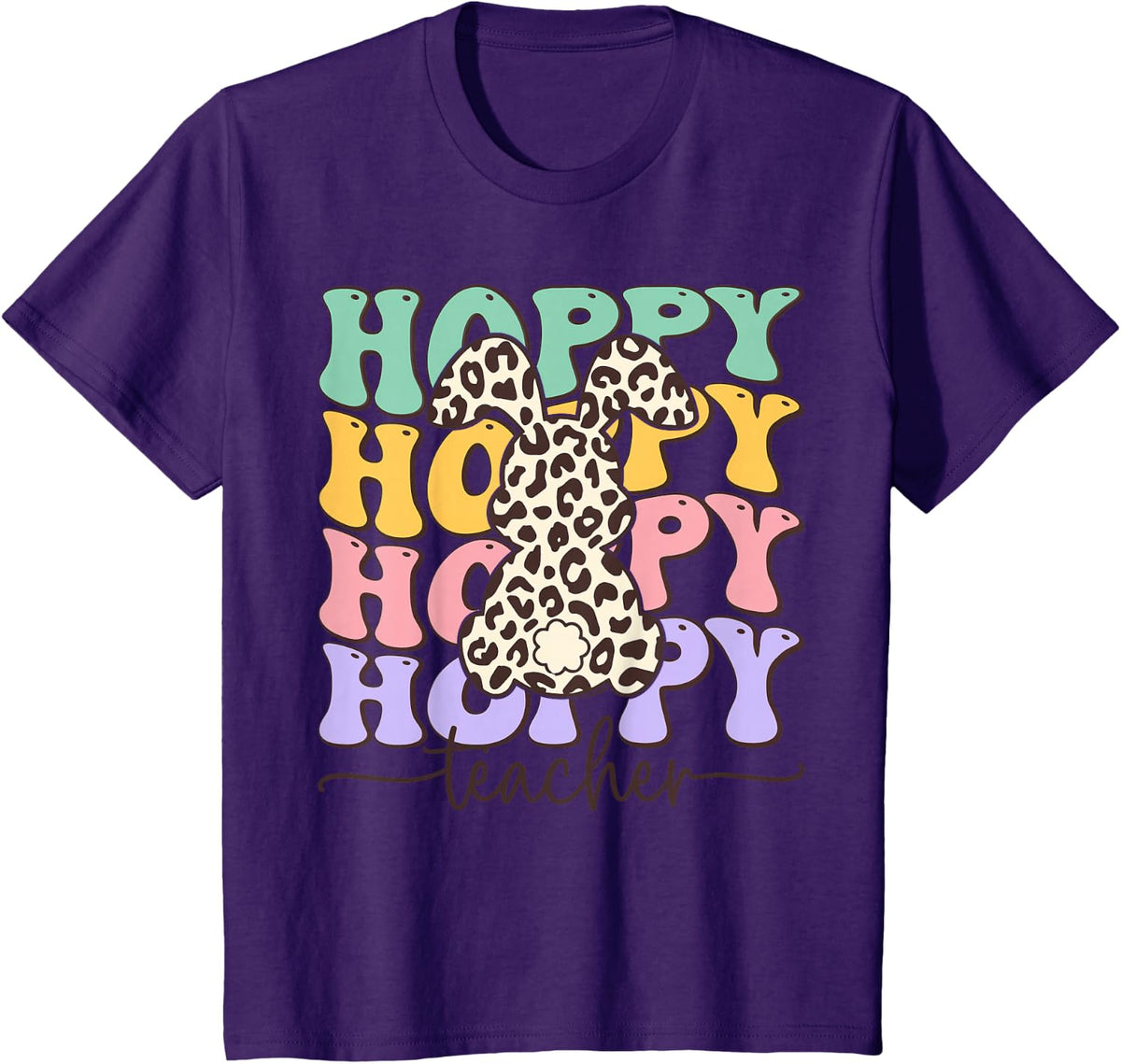 One Hoppy Teacher Groovy Leopard Happy Easter T-Shirt - Purple