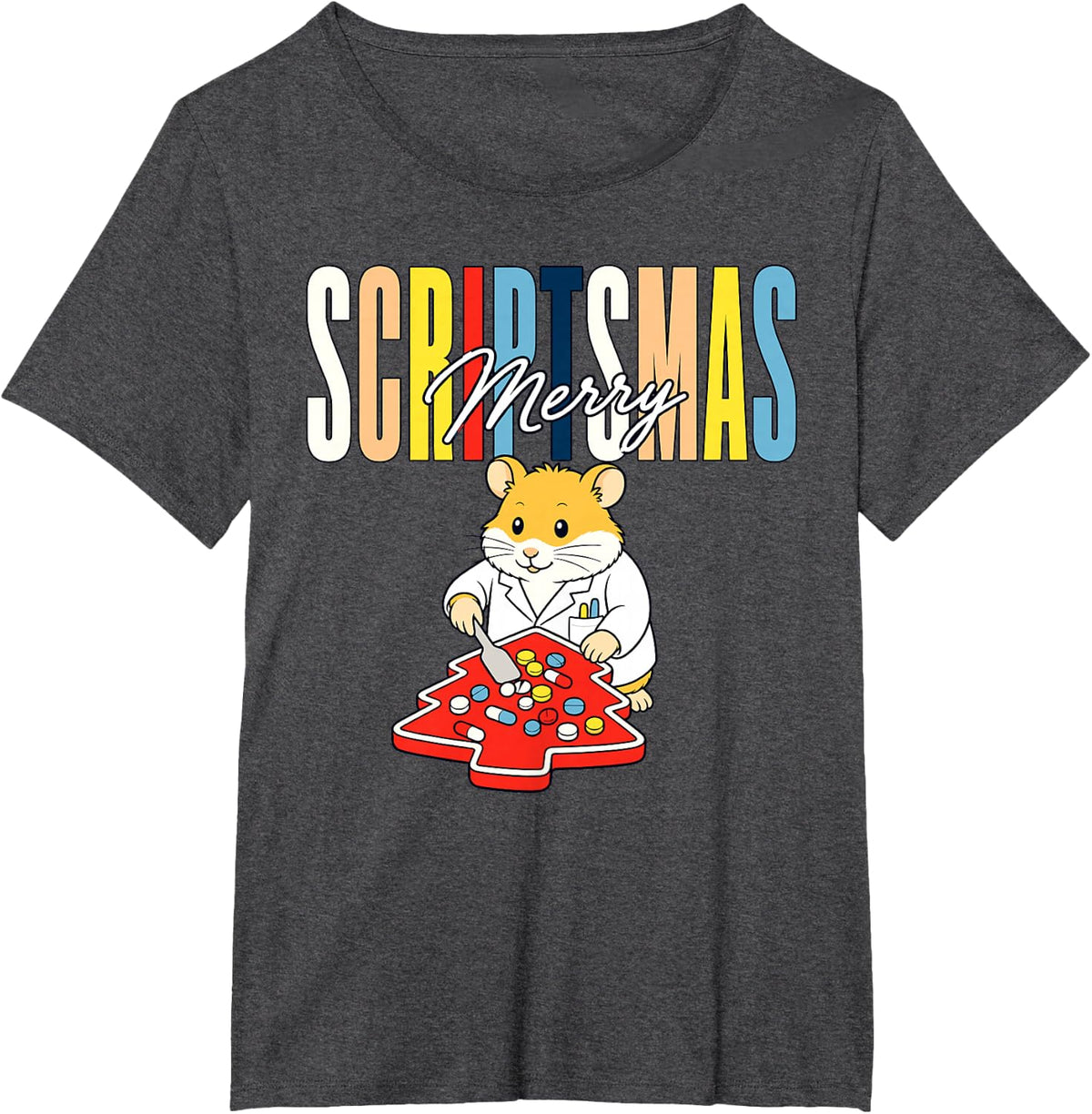 Merry Scriptsmas Pharmacist Christmas Pharmacy T-Shirt - Dark Heather Grey