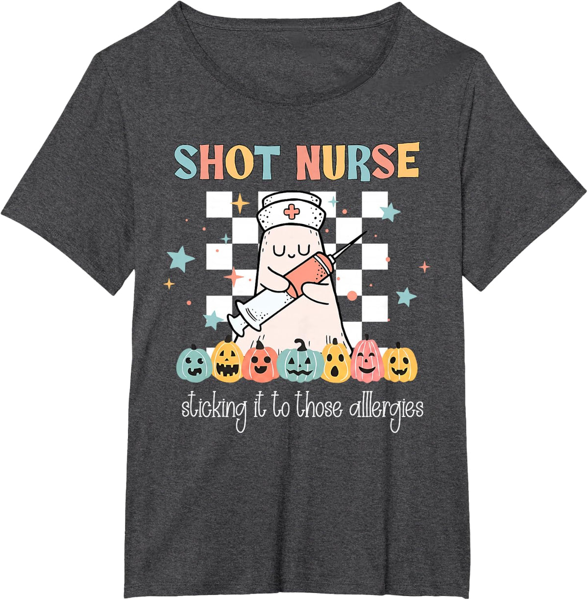 Funny Shot Nurse Ghost Nursing Halloween Allergy Injection T-Shirt - Dark Heather Grey