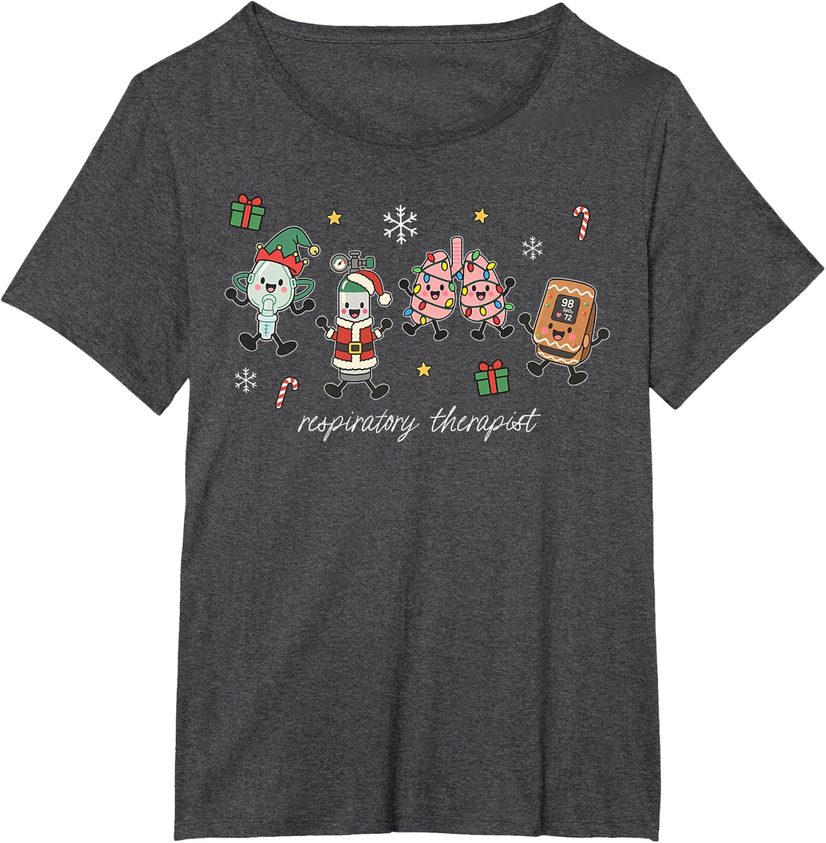 Christmas Respiratory Therapist Cute Doodle Pulmonology Crew T-Shirt - Dark Heather Grey